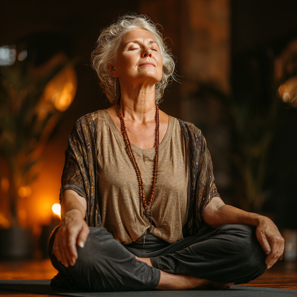 Older adults in comfortable yoga poses focusing on stability and mindfulness