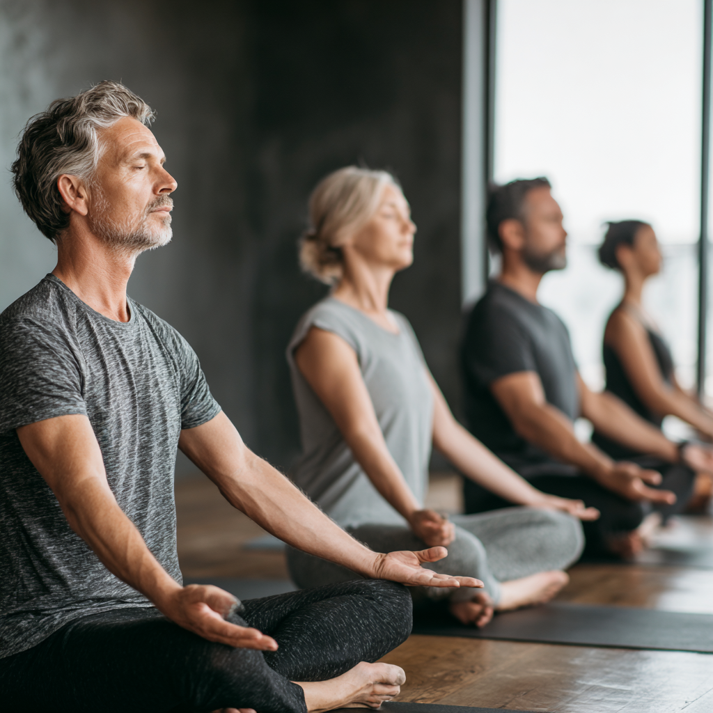 Middle-aged adults practicing gentle yoga poses in natural light studio